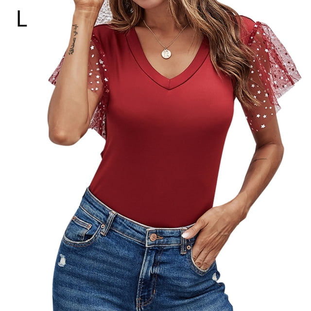 Camiseta de mujer Verano Cuello en V Gasa Lentejuelas Manga corta Camiseta casual, Rojo vino, L Sweethay AP001323-15