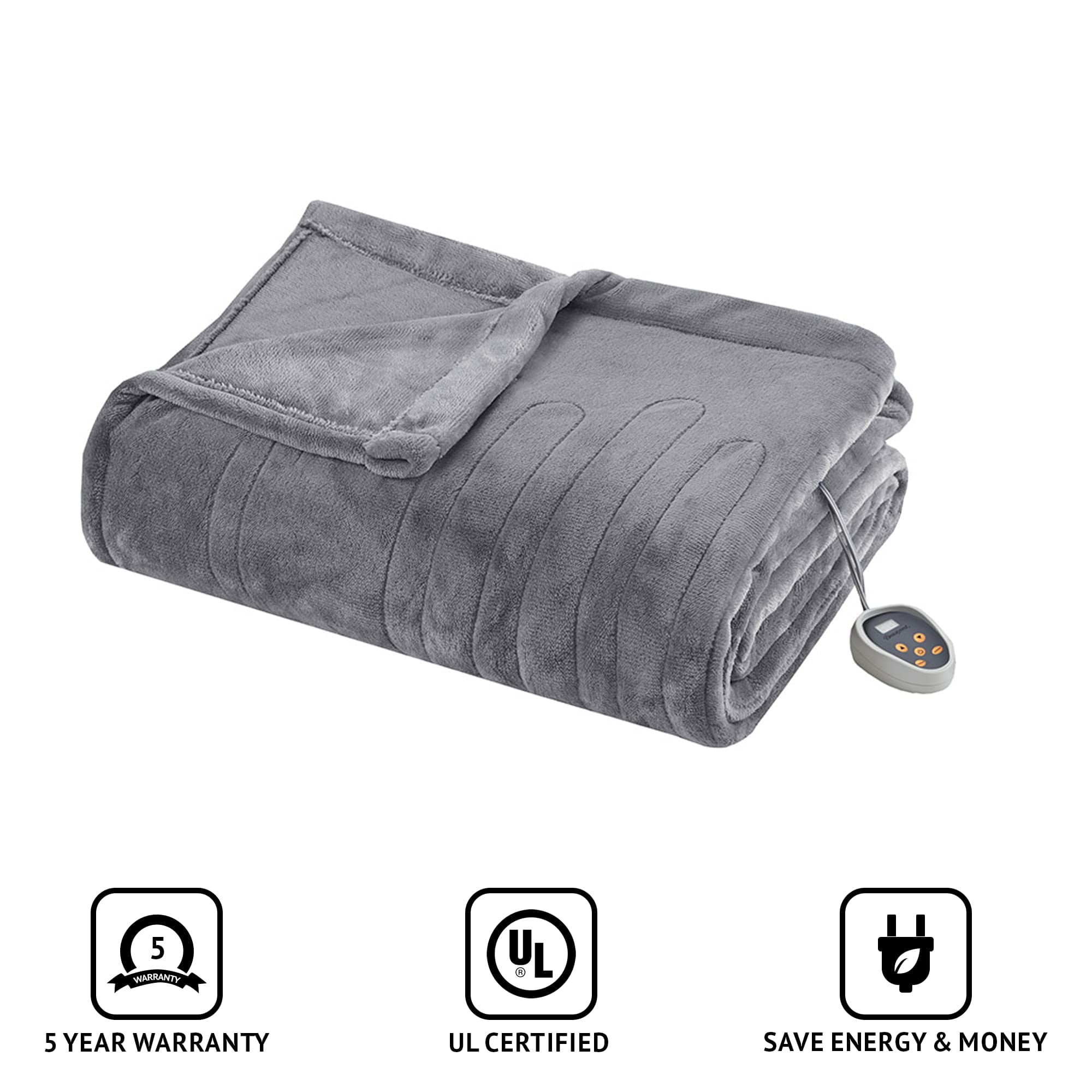 Beautyrest Plush Electric Blanket for Cold Weather Fast Heating Auto Shut Off Virtually Zero EMF Multi Heat Setting UL Certified Machine Washable Grey Twin 84 inx62 in Walmart
