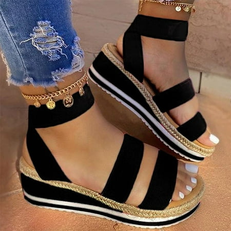 

HIMIWAY Black Heels Women s Shoes Solid Color Slope with Hemp Rope Large Size Sandals Two Colors Black 38