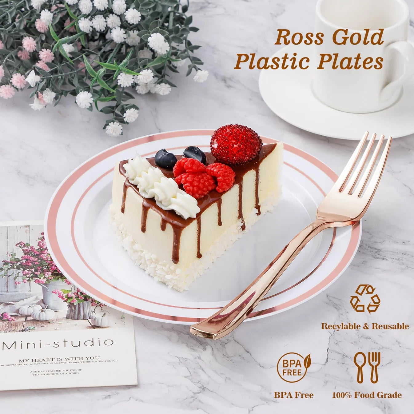 Goodluck 200PCS Rose Gold Plastic Plates, Heavy Duty Disposable Rose Gold Plates with 100 10.25 inch Dinner Plates and 100 7.5 inch Dessert Plates. Disposable Plates for Party, Wedding, Valentines
