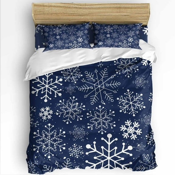 Christmas Twin Size Comforter Set, Winter Snowflakes Blue Background Soft Bedding for All Seasons, 4 Pcs Bed Set with 1 Comforter (68"x86") ,1Sheet(66"x116"), 2 Pillowcases (19"x29")