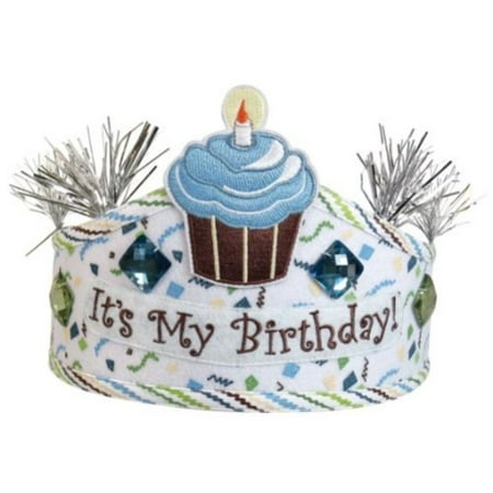 Stephan Baby Birthday Boy Adjustable Cupcake Crown with Glitter and Jewel Embellishments, Blue/Whit