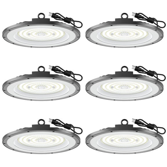 6 Pack 300W UFO LED High Bay Light 45000LM 6000K Daylight Super Bright IP65 Waterproof Commercial Lighting with 5FT US Plug for Warehouse Garage Factory Barn Workshop