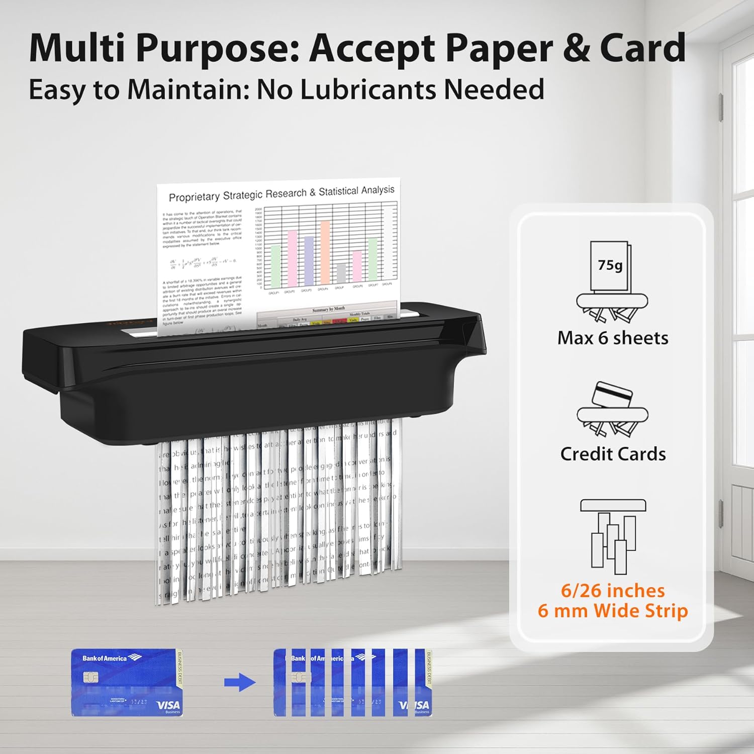 Paper Shredder Without Basket 6-Sheet Strip Cut Shredder for Home Use,Small Document Shredding Machine for Office,Shred Staple/Card,Mini Portable with Extendable Arm,Jam Proof