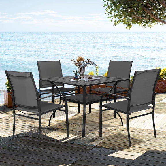 SUNCROWN 5-Piece Outdoor Patio Dining Set with Metal Steel Square Table with 1.57" Umbrella Hole, Textilene Chairs for 4-Person,(Black)
