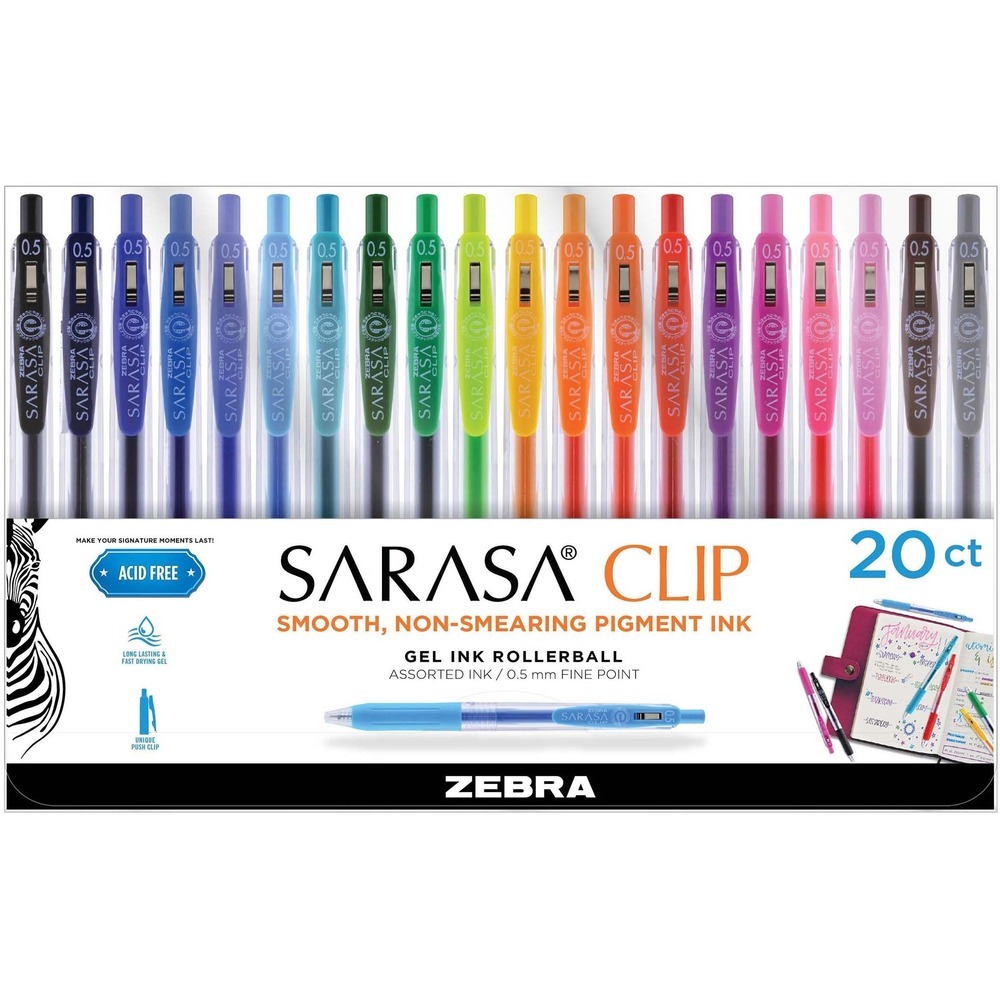 Zebra Sarasa Clip Gel Ink Pens, 0.5mm Fine Point, 20-Pack Assorted