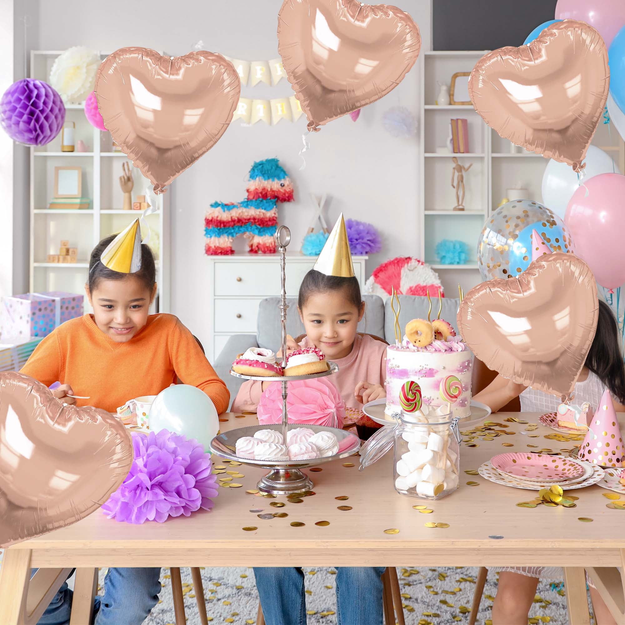 Unique Bargains 10Pcs Helium Balloons with Ribbon Heart Pattern Champagne Gold Tone