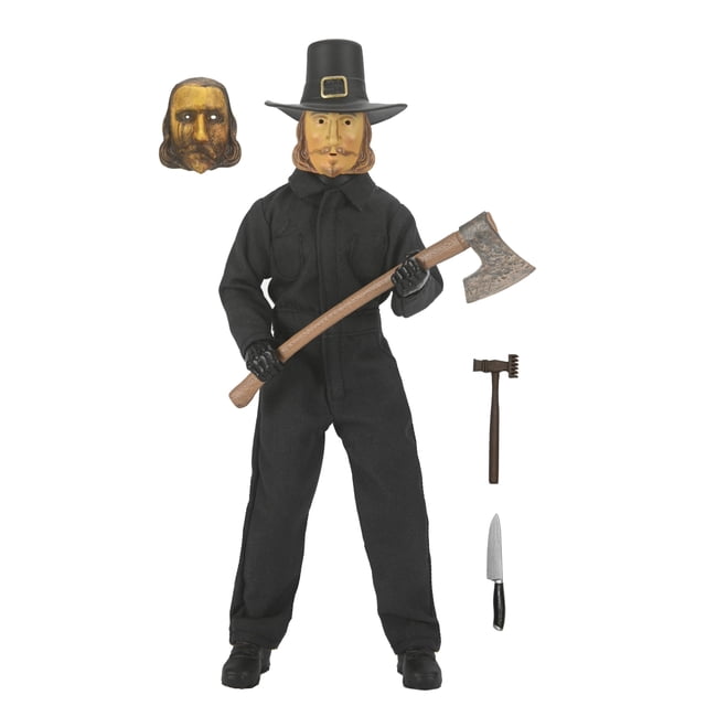 figura vestida coleccionable de acción de gracias de 8" de neca - john carver, figura de acción de 8" con mono de tela negro hecho a medida y alta articulación; incluye dos máscaras intercambiables, sombrero pilgrim removible, hacha con mango, ablandador de carne y cuchillo; vista frontal sobre fondo blanco en empaque de exhibición; suele usarse como pieza de vitrina para colecciones de cine de terror.