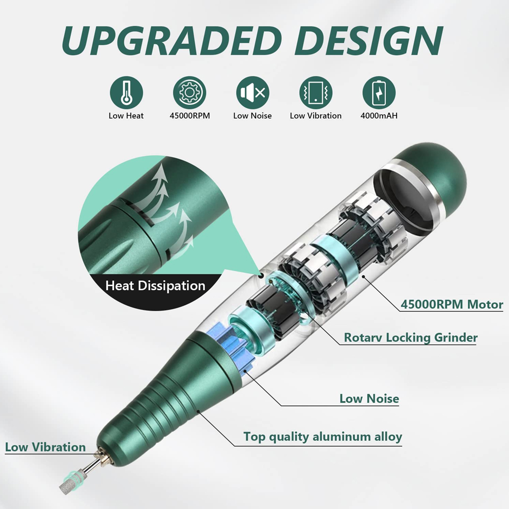 Rechargeable Nail Drill Electric Nail File, 45000RMP Professional Nail Drill Kit For Acrylic Nail Gel, Manicure Pedicure Polishing