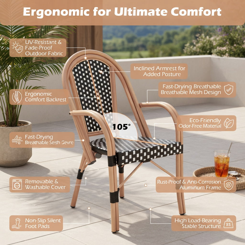 Hommoo 2-Pack Hand-Woven PE Rattan Outdoor Bistro Chairs, French-Style Patio Chairs with Galvanized Steel Frame, Black & White
