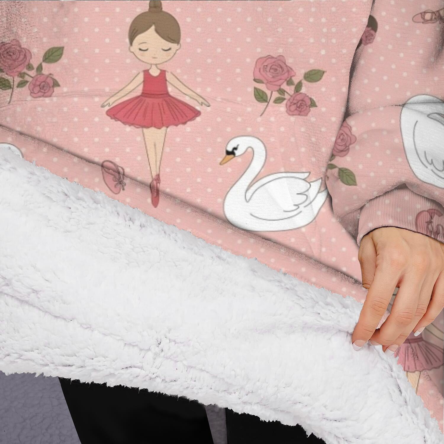 Oversized Wearable Blanket Hoodie,Pink Ballerina Swan Pattern Sherpa Blanket Hoodie with Super Pockets,Super Warm Fuzzy Pullover for Women & Men