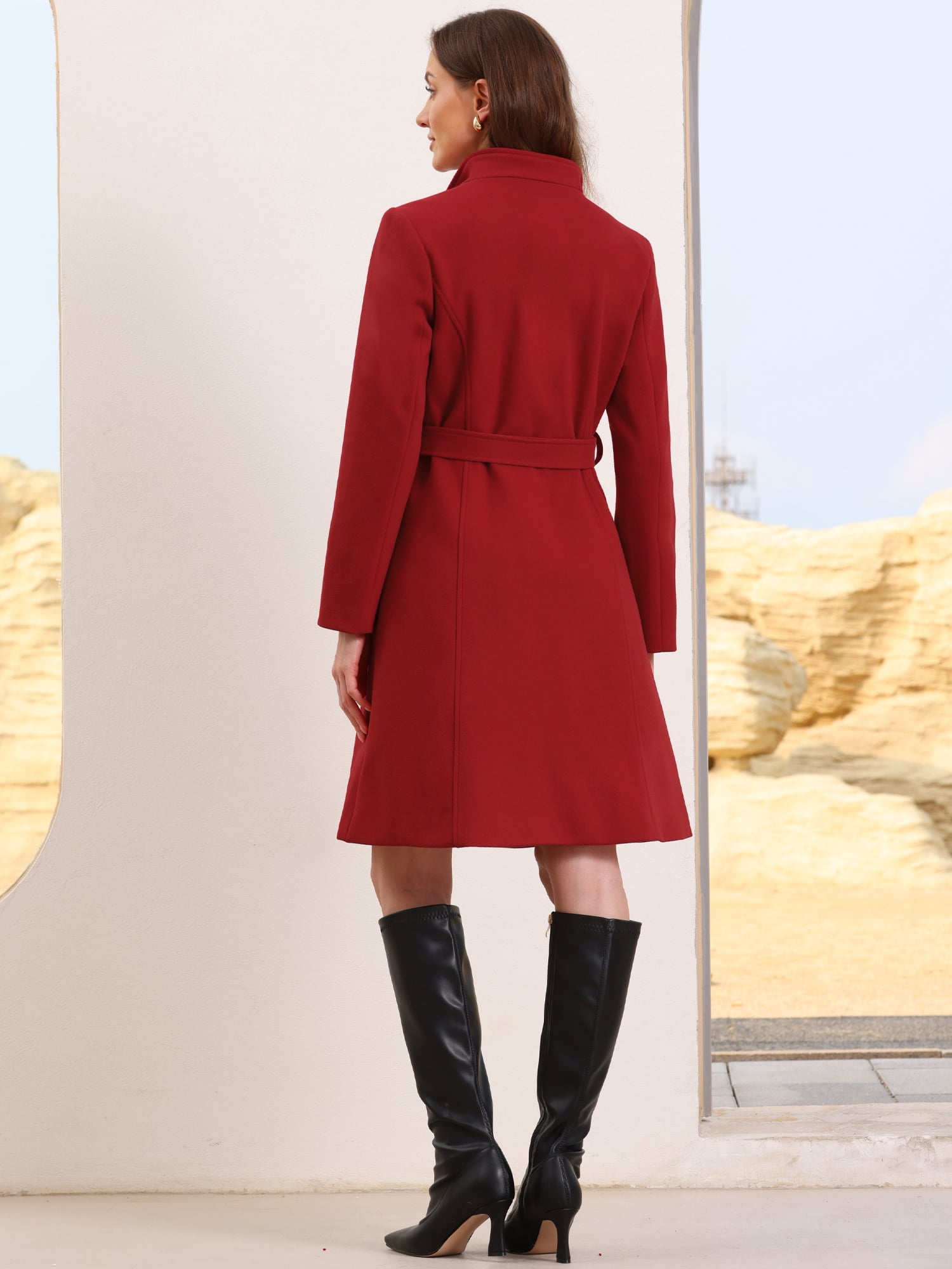 DARING DIVA Women's Stand Collar Belted Single Breasted Trench Pea Coat L Red