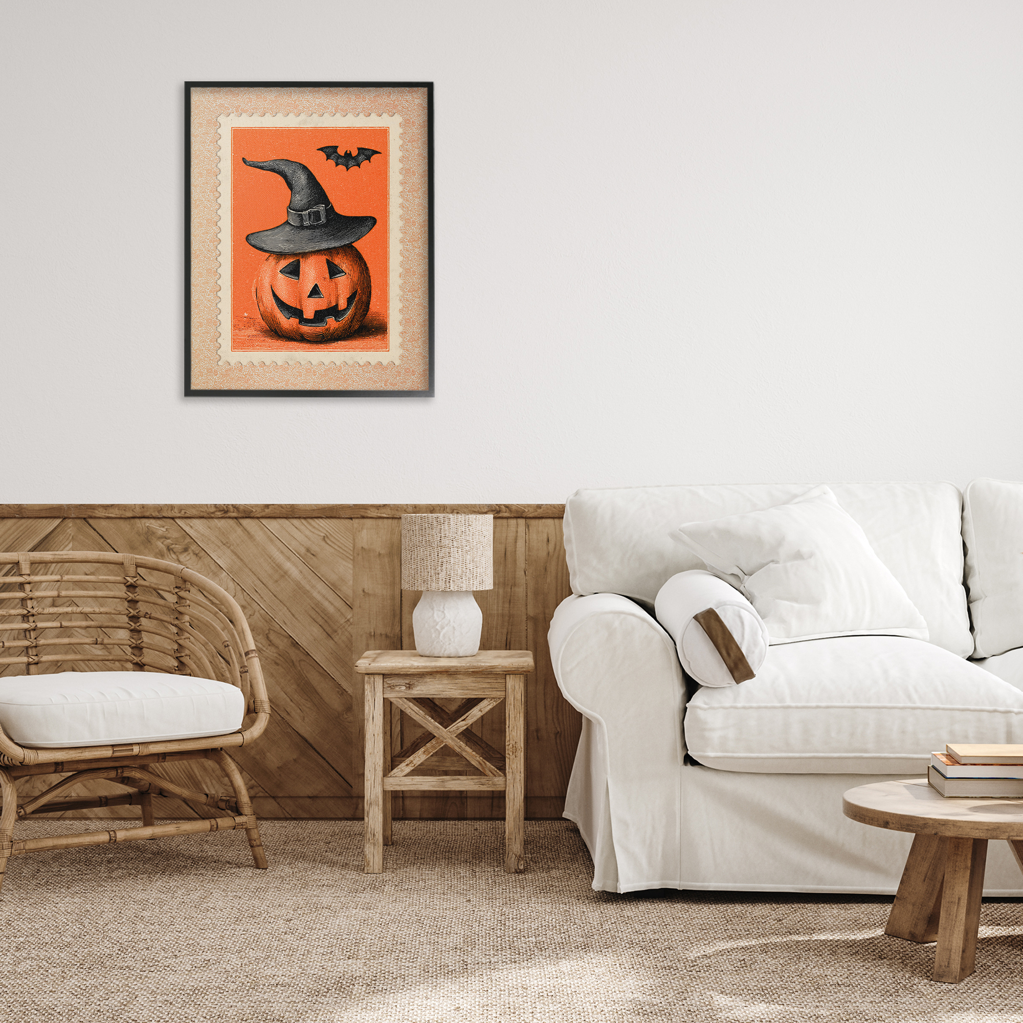 Vintage Jack-o-Lantern Stamp Black Framed Giclee Art, design by Arlington Prints