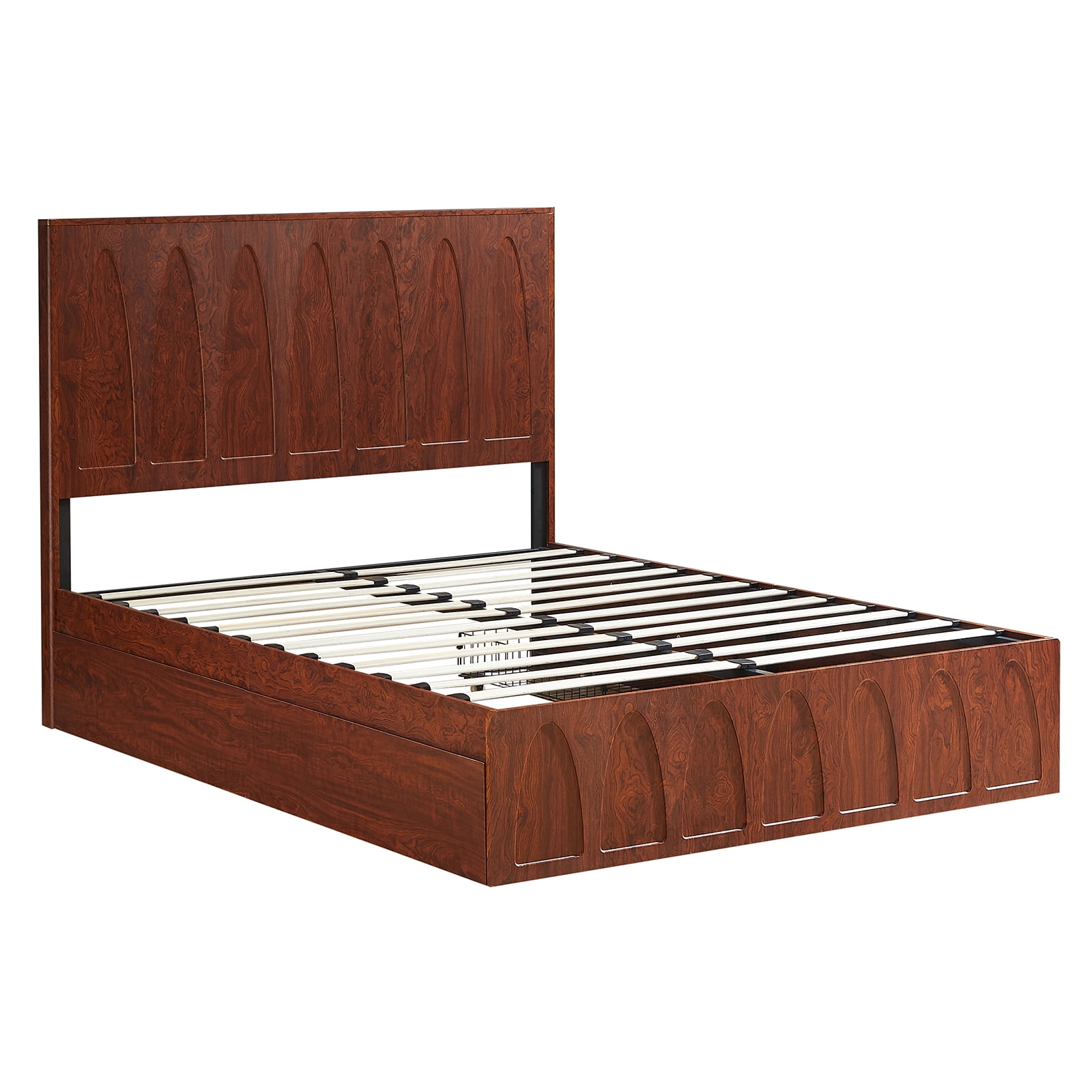 Mintazer Queen Size Curved Groove Platform Bed with 4 Drawers, Platform Storage Bed for Bedroom & Guest Room, No Box Spring Needed, Brown