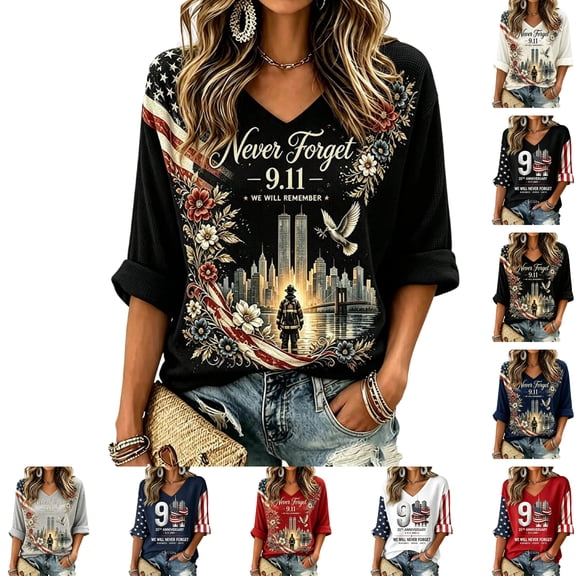 9/11 25th Anniversary Shirt Womens Tops 3/4 Sleeve We Will Never Forget 911 Memorial Day Patriotic Vintage Faith Tee Black 4XL