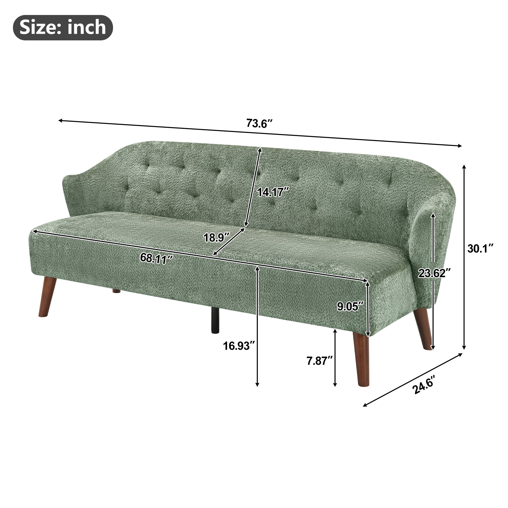 Leumius 73.6" 3-Seater Sofa, Modern Tufted Upholstered Couch Comfy Upholstered Sofa for Living Room, Apartment, Green