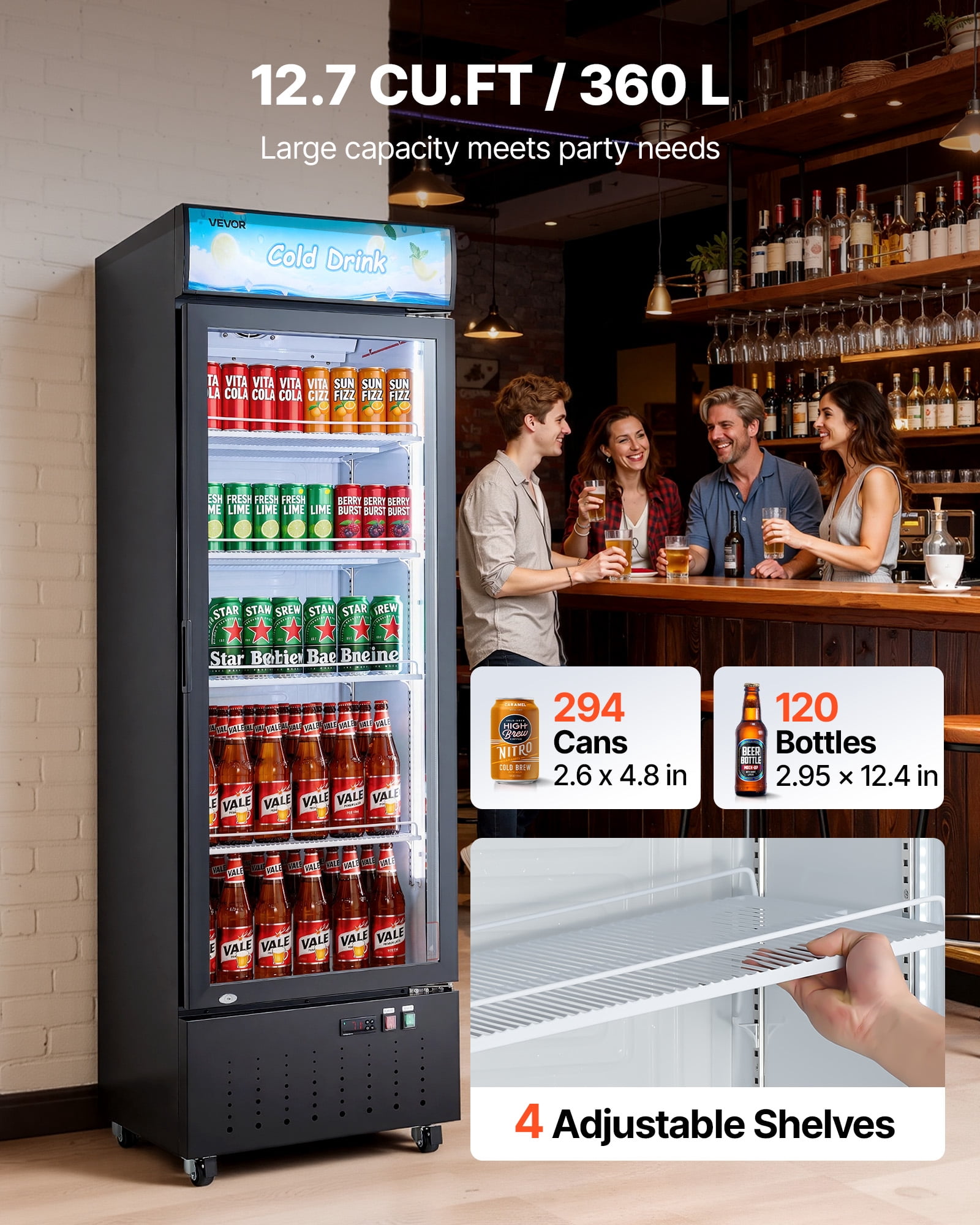 VEVOR Commercial Merchandiser Refrigerator, 12.7 Cu.Ft / 360 L Glass Door Display Refrigerator, Upright Beverage Cooler with Customizable Lightbox,4 Adjustable Shelves & Soft LED Light for Home Shops