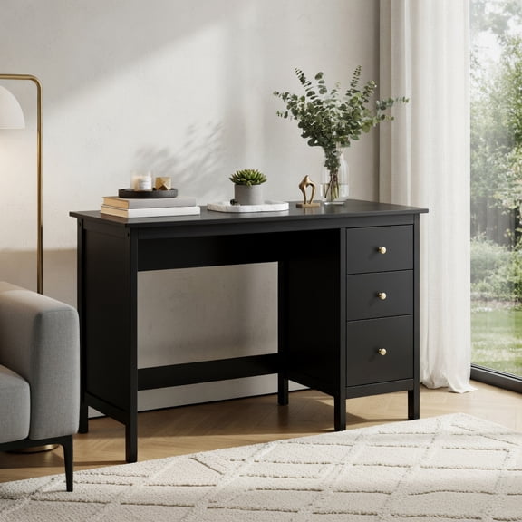 Demi Bonn 3-Drawer Computer Desk with Spacious Desktop, Small Home Office Desk Study Writing Table, Black