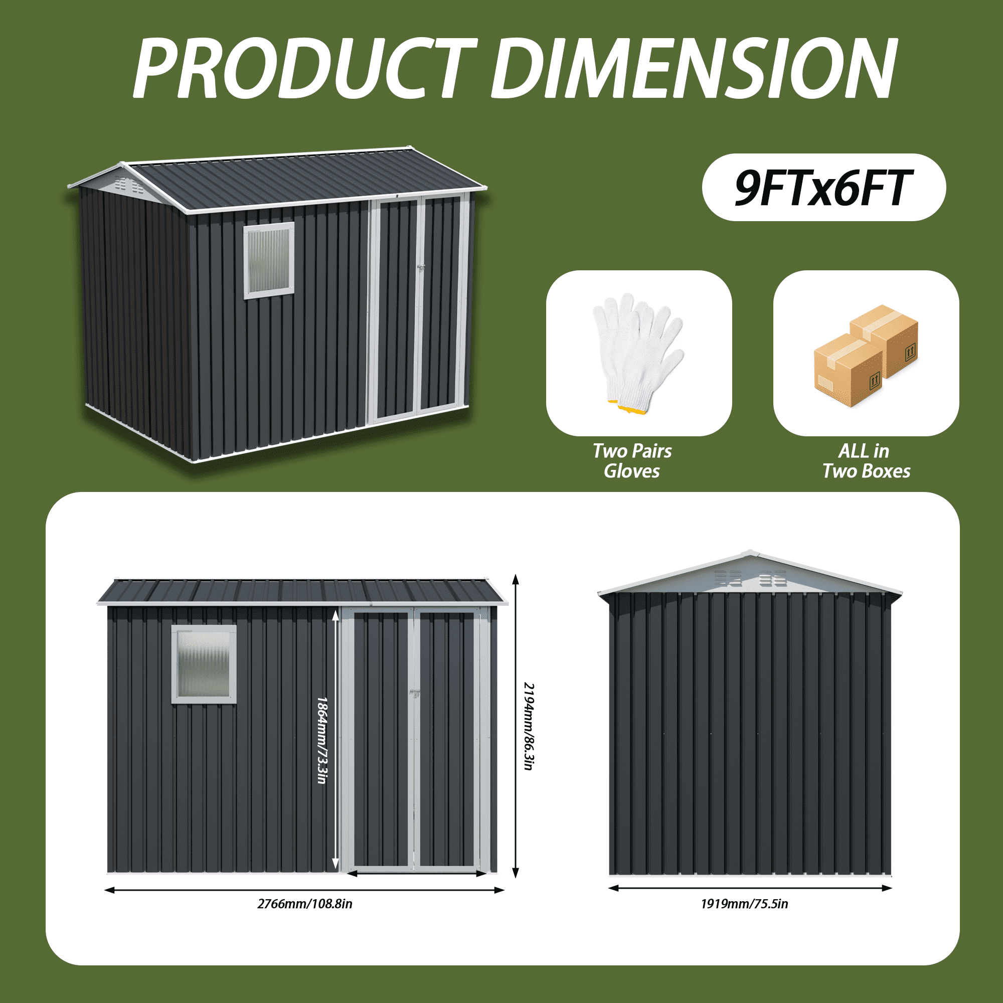 Mintazer 6x9 ft Gable Apex Roof Outdoor Metal Storage Shed with Lockable Double Doors & Fixed Translucent Light Window, Weatherproof Large Garden Tool Storage House for Backyard Patio Lawn, Dark Gray