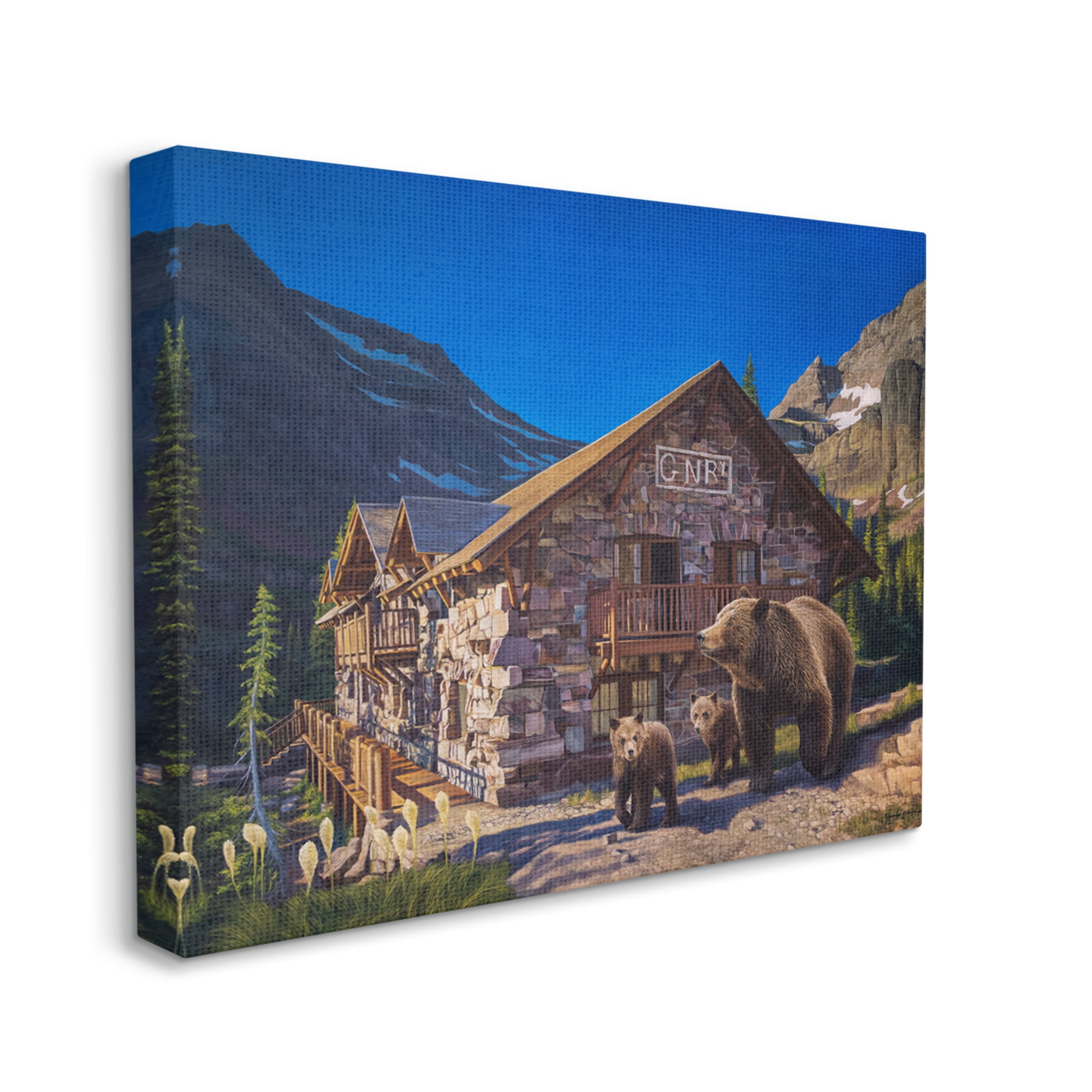 Stupell Industries Bears & Lodge Scenery Landscape Painting Gallery Wrapped Canvas Art Print Wall Art, 20 x 16