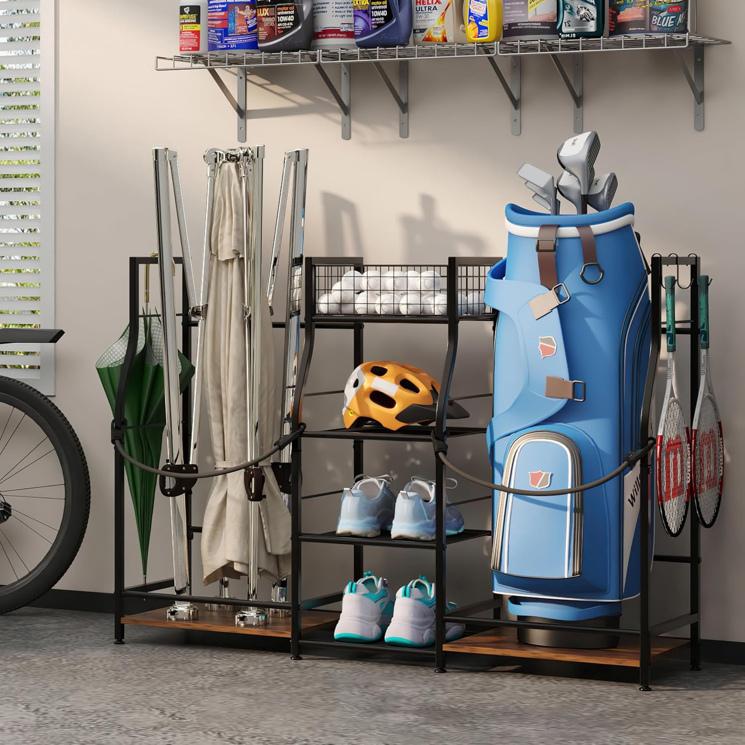 X-COSRACK Golf Bag Storage Organizer for Garage, Fits 2 Bags, Heavy-Duty Metal & Wood Equipment Stand with 3-Tier Shelves, Black