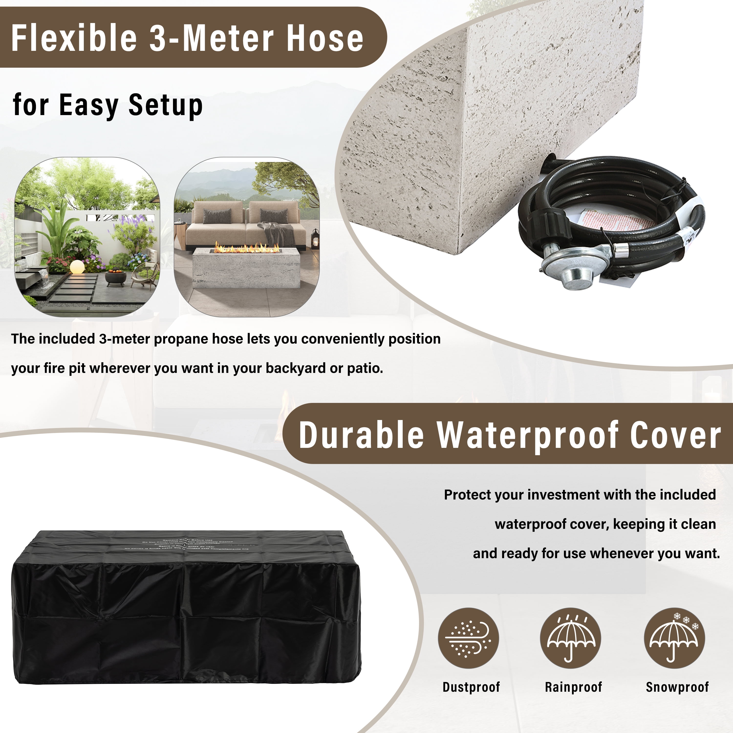 Harper & Bright Designs Outdoor Rectangular Propane Fire Pit 40000 BTU, 41.9''MGO Patio Heater with Stainless Steel Burner and Free Lava Rocks, Waterproof Cover for Courtyard, Beige+Grey