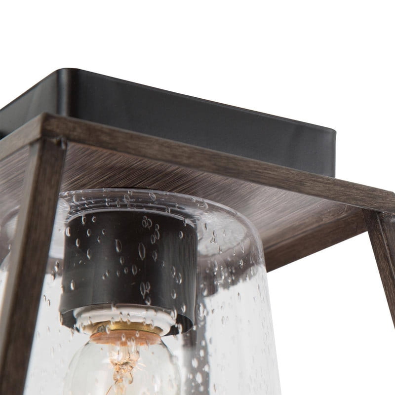 LNC 8-in Grayish Brown Wood and Black Seeded Glass Square LED Farmhouse Flush Mount Light