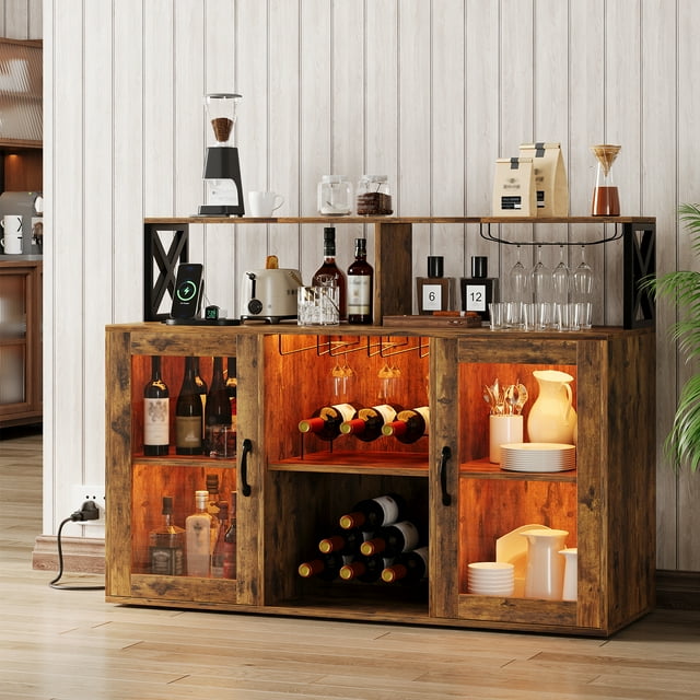 GloryStar Wine Bar Cabinet with LED Light, Liquor Cabinet with Power Outlets, Glass Holder, Storage Table for Wine and Coffee, Coffee Cabinet for Home or Living Room
