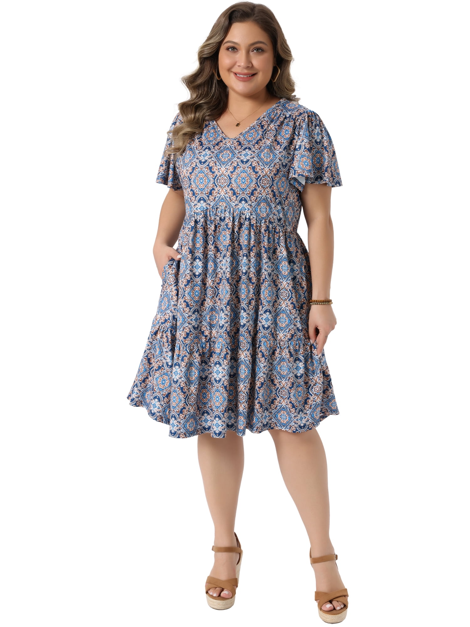 DARING DIVA Women's Plus V Neck Short Flutter Sleeve Midi Sun Dress 1X Blue