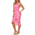 thumbnail image 4 of INSPIRE CHIC Summer Floral Bodycon Dress for Women's Sleeveless Square Neck Ruched Mesh Fishtail Dresses L Pink, 4 of 6