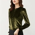 thumbnail image 7 of Women's Long Sleeve Velvet Shirts Soft Crew Neck Dressy Casual Blouses with Ruffled Detailing Solid Color Tops (2XL, Green), 7 of 7