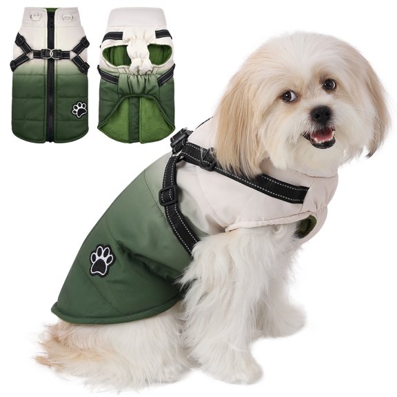 1pc Winter Pet Dog Jacket With Harness & Zipper Gradient Dog Windproof Reflective Comfortable Pets Coat Warm Thick for Dog Cat,Green,x-Large size