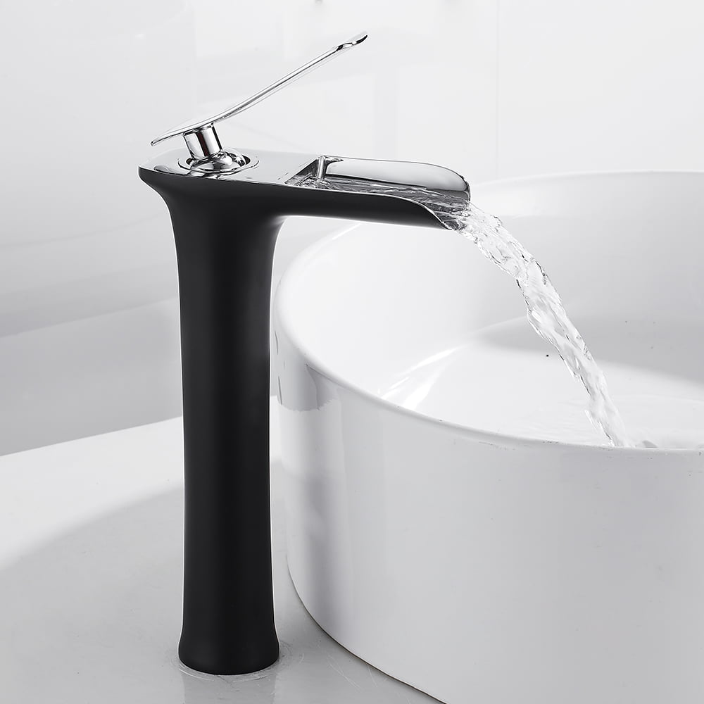 Black Glass Waterfall Spout Silver Body Single Lever Hole Mixer Basin Faucet Tap 