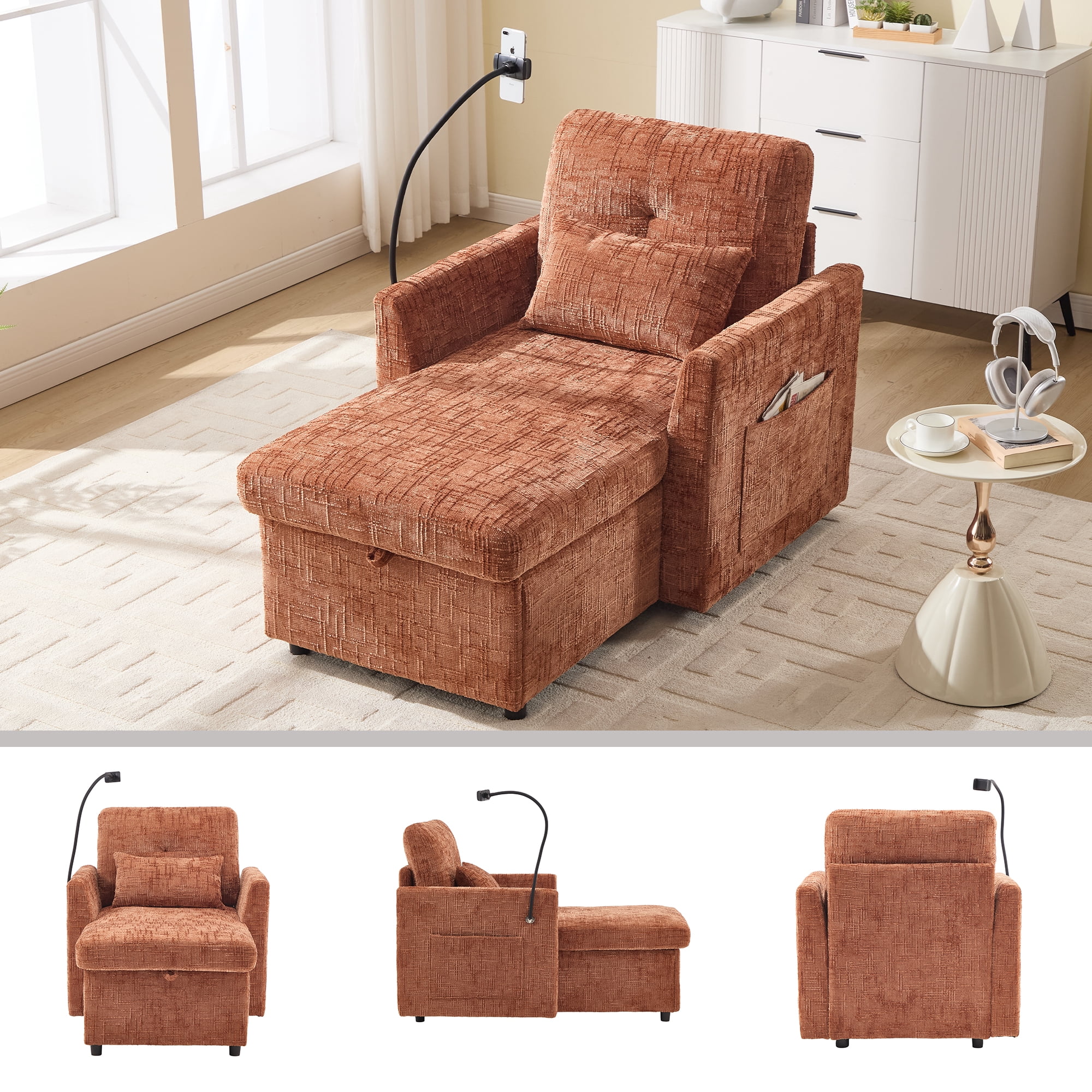MOONMISS Chenille Upholstered Storage Lazy Single Leisure Chair Sofa with Phone Holder&Side Pocket-Orange