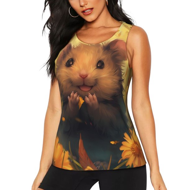 Balery Cute Sunflower Guinea Pig Camiseta sin mangas estampada ligera para mujer, tops de entrenamiento sin mangas, camisetas de yoga transpirables de secado rápido.-X-Large
