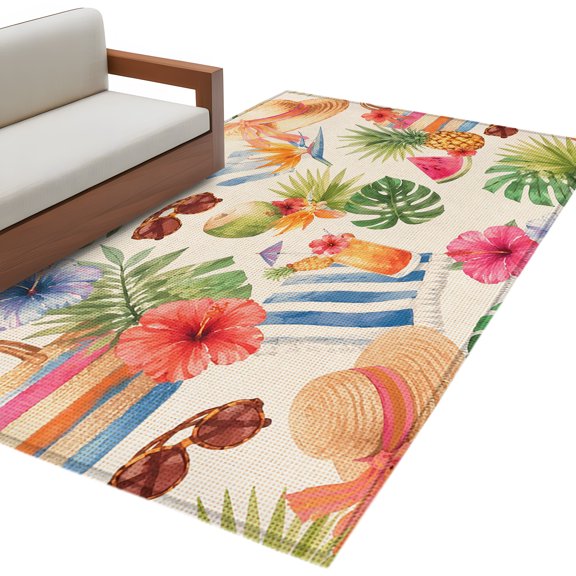 Tropical Leaves Area Rug 3x5 Washable Rug Non Slip Summer Vintage Coastal Flowers Coconut Fruits Large Area Rug Indoor Floor Carpet for Entryway Bedroom Kitchen Living Room Home Office Dining Room