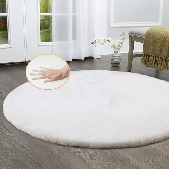 Latepis White Round Shag Rugs 6ft Faux Rabbit Washable Fur Area Rugs for Living Room Circle Fluffy Rugs for Bedroom Boho Rug Home Room Décor