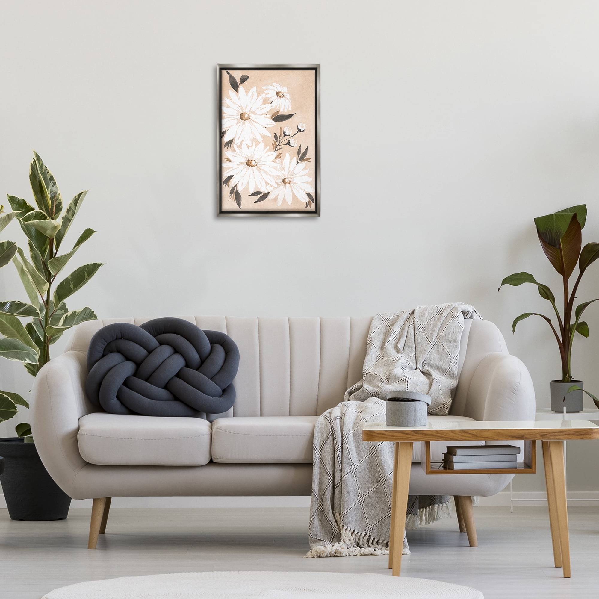 Stupell Industries Muted Neutral Daisies Botanical & Floral Painting Gray Floater Framed Art Print Wall Art, 17 x 25