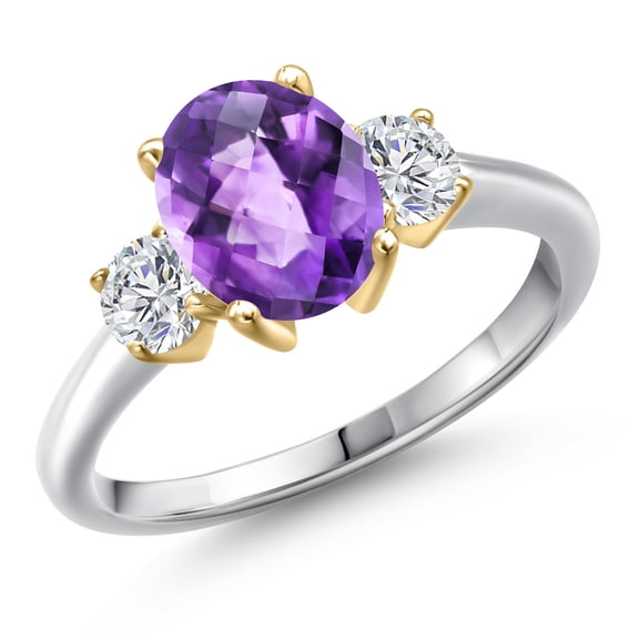 Gem Stone King 10K Two Tone Gold Purple Amethyst and Lab Grown Diamond Engagement Ring for Women | 2.04 Cttw | Oval Checkerboard 9X7MM | Gemstone February Birthstone | Size 8