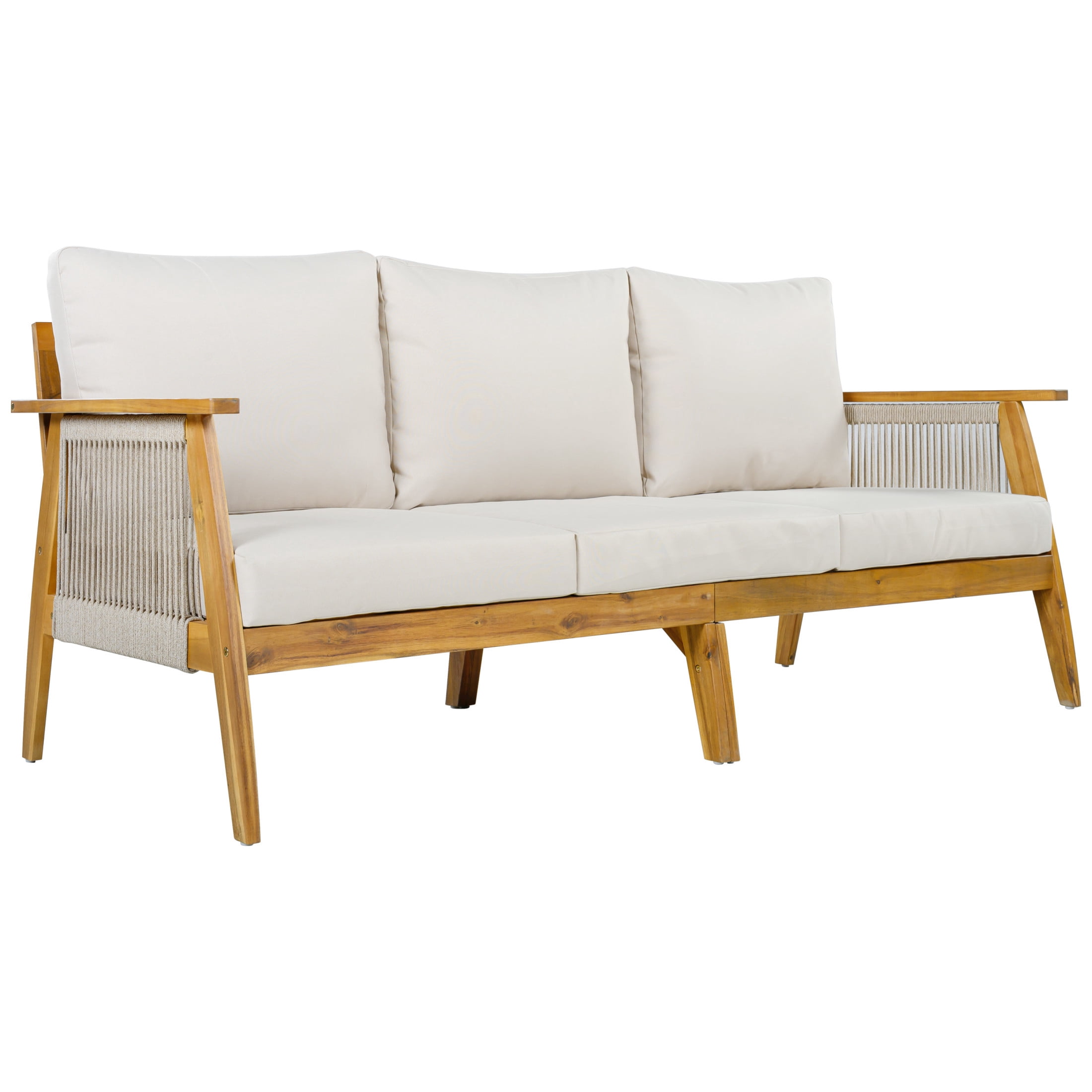 Christopher Knight Home Outdoor Acacia Wood 3-Seater Sofa, Rope Woven Frame with Cushions, Teak+Beige