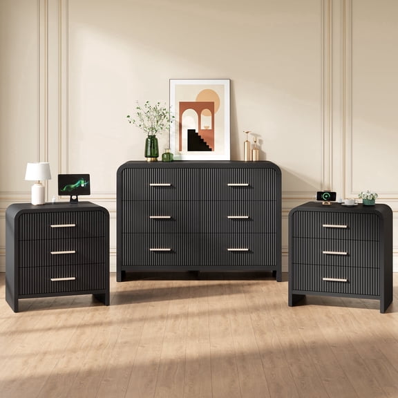HUJAUU 3 Pieces Bedroom Furniture Set, Modern Wood Fluted 6-Drawer Dresser & 3-Drawer Curved Nightstand Set of 2 with Charging Station, Black