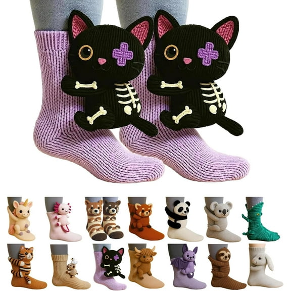 3D Knit Animal Socks for Unisex – Cute Cozy Hand-Crochet Floor Socks, 3D Funny Winter Warm Socks with Panda, Black Cat, Koala, Capybara, Raccoon, Sloth, Cow & More