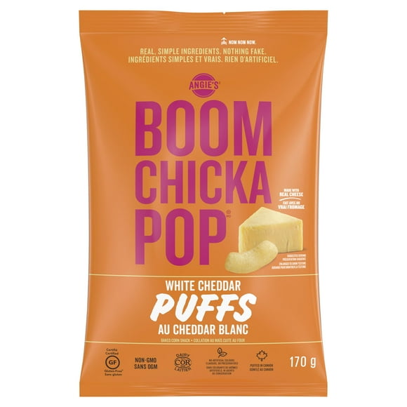 Puffs Au Cheddar Blanc sans gluten, sans OGM Boomchickapop d'Angie, 170g une collation sans gluten faite avec du vrai fromage cheddar, sans OGM, et gonflé au Canada