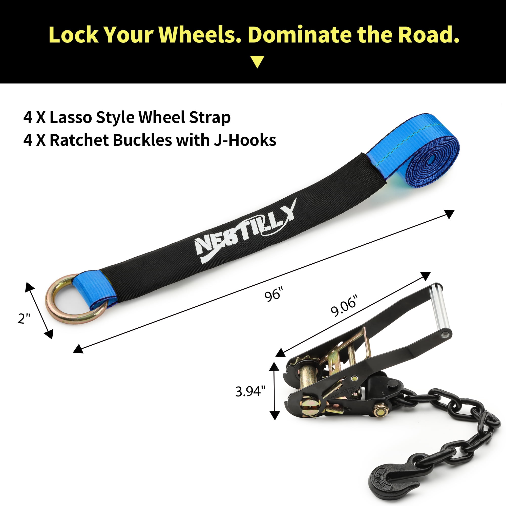 4 Pack Reflective Wheel Tie Down Straps for Trailers,Tire Ratchet Strap with Chain Anchors, 2" x 96" 9900 LBS Break Strength,Lasso Style Car Hauler Straps for Hauling UTV, SUV, Truck, Any Cars, Blue