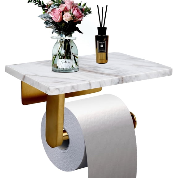 Toilet Paper Holder with Marble Shelf for Bathroom Washroom,Wall Mounted Tissue Holder Suitable for Mega Roll (Small 6.7 * 4.3 in, Black)