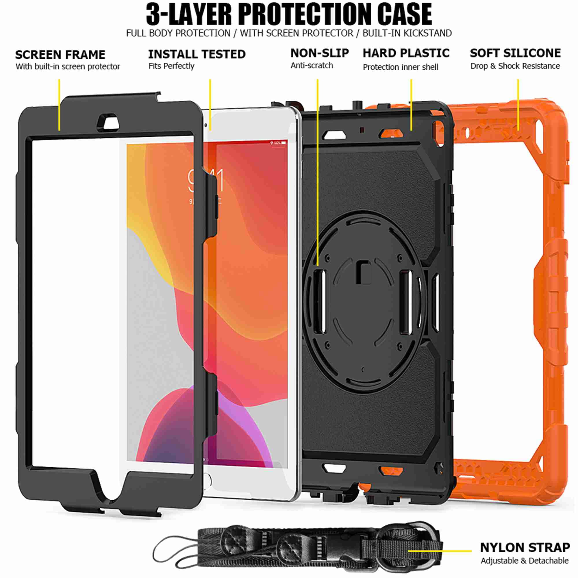 Dteck iPad 9th/ 8th/ 7th Generation Case (iPad 10.2 Case 2021/ 2020/2019) with Screen Protector Pencil Holder Kickstand Hand/ Shoulder Strap,Durable Protective Case for iPad 10.2 inch,orange+black