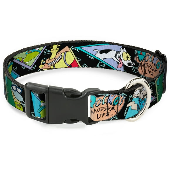 Nickelodeon Pet Collar, Dog Collar Plastic Buckle, Rockos Modern Life Character Portraits Triangles Black Blue, 7 to 8.5 Inches 0.5 Inch Wide