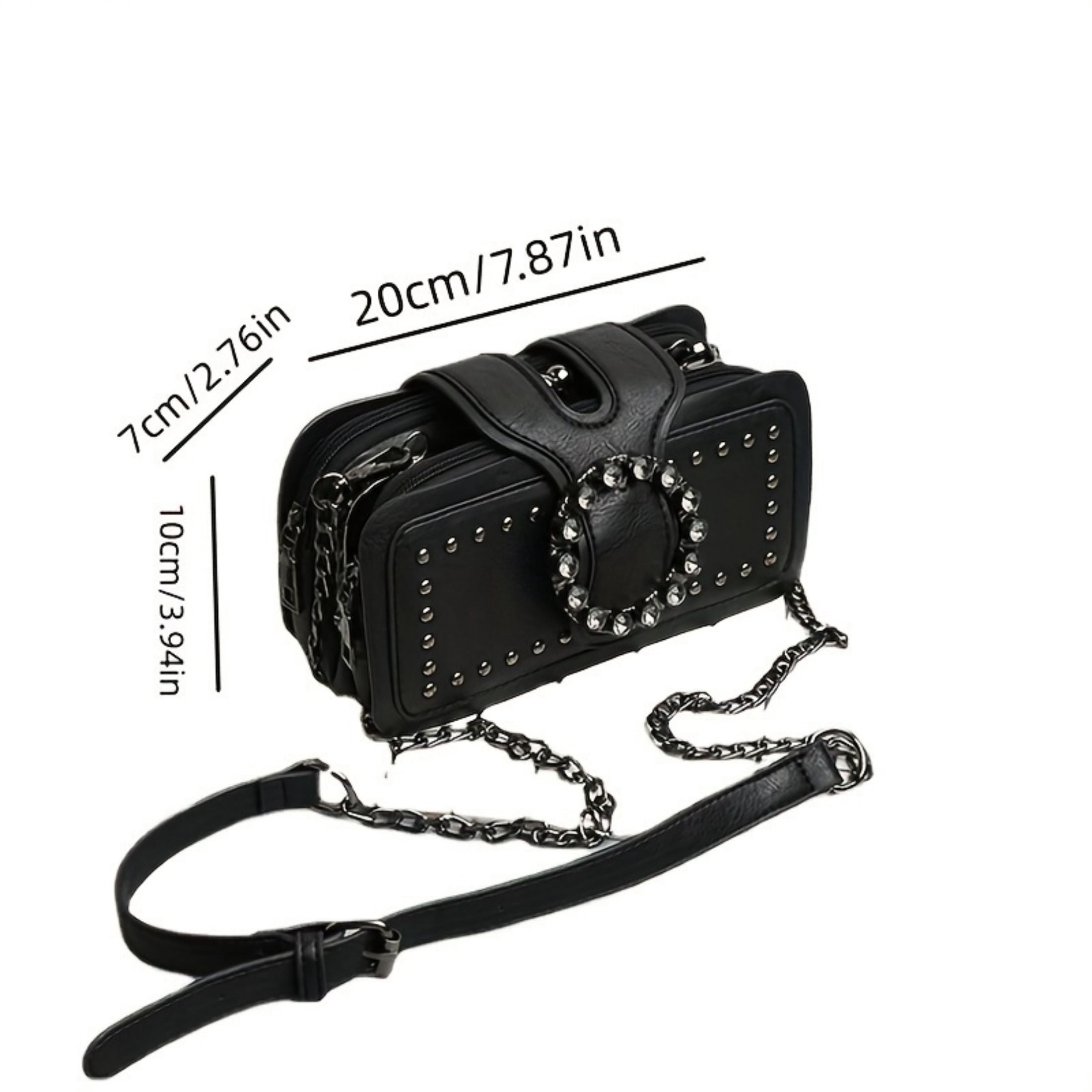 HMSHA Vibrant Retro Round Rhinestone Buckle Bag - Stylish Punk Design Square Crossbody Purse with Gothic Style Rivets, Adjustable Strap, and Spacious Interior for Women