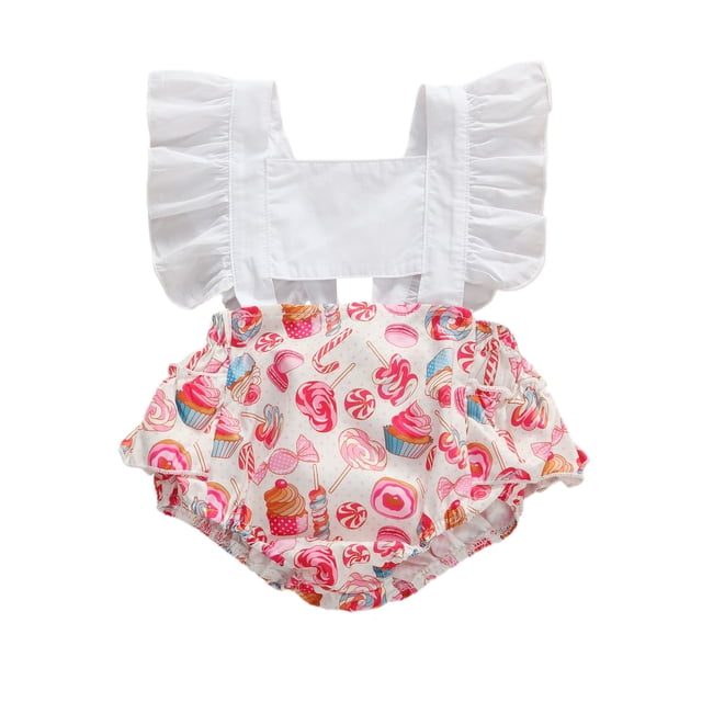 EYIIYE Combinaisons d'Été pour Bébés Filles à Manches Volantées, Barboteuse Imprimée Bonbon Citron