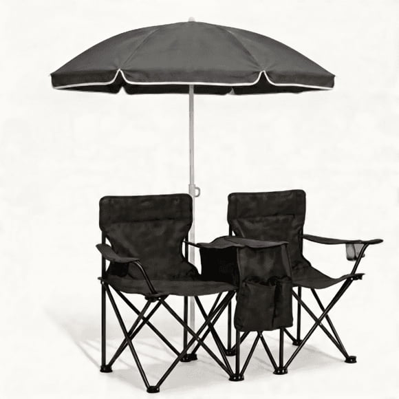 Silla de playa plegable doble portátil con paraguas, silla de camping al aire libre de 2 personas con soportes de copas